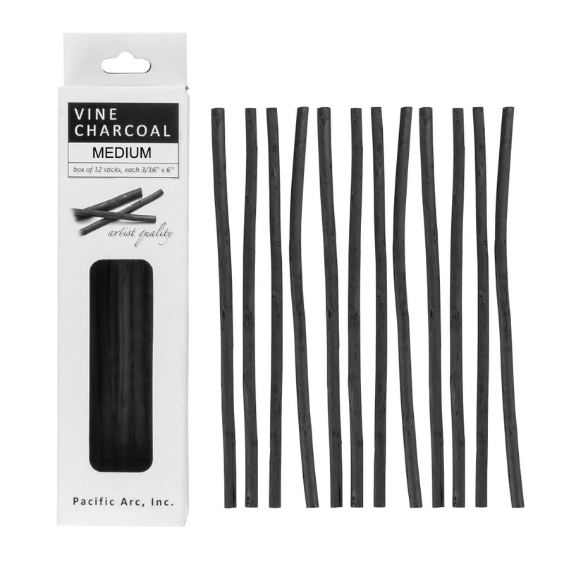 Pacific Arc Artist Vine Charcoal, Medium, Black 12 Pieces, Artist Vine Charcoal Sticks, Medium and Smooth Drawing Charcoal - Image 1